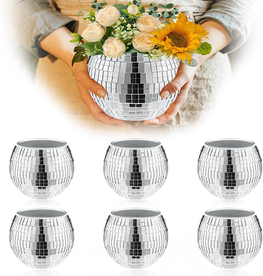 6 Pcs Disco Vase, Silver Mirror Ball Disco Ball Planter 5" X 6" Glass Silver Candle Holder White Vases for Centerpieces Table Decorations Party Wedding Birthday Gift 6 Pcs Disco Vase, Silver Mirror Ball Disco Ball Planter 5" X 6" Glass Silver Candle Holder White Vases for Centerpieces Table Decorations Party Wedding Birthday Gift