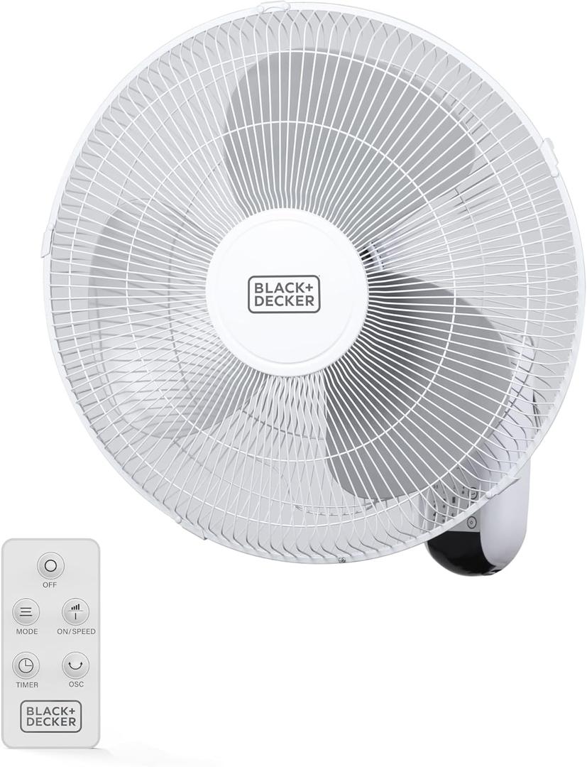 BLACK+DECKER 16" Wall Mount Fan With Remote Control, Oscillating With 3 Speed Settings and Shut Off Timer, Adjustable Tilt Angle, White