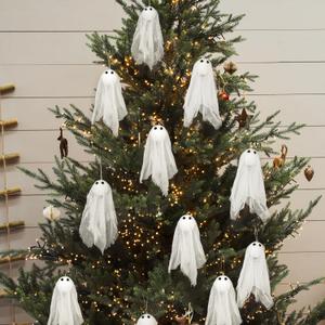 Decor365 Spooky Christmas Tree Hanging Ghost Decor Small Cute White Ghosts Creepmas Decorations Office Classroom Living Room Mini Ghost Garland Outdoor Spookmas Party Decorations (Pack of 12)