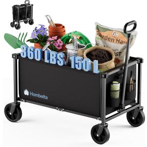 Collapsible Wagon Cart with Wheels, 150L Lightweight Foldable Utility Cart, Portable Rolling Wagon for Garden, Shopping, Sports, Camping, Transport, Black
