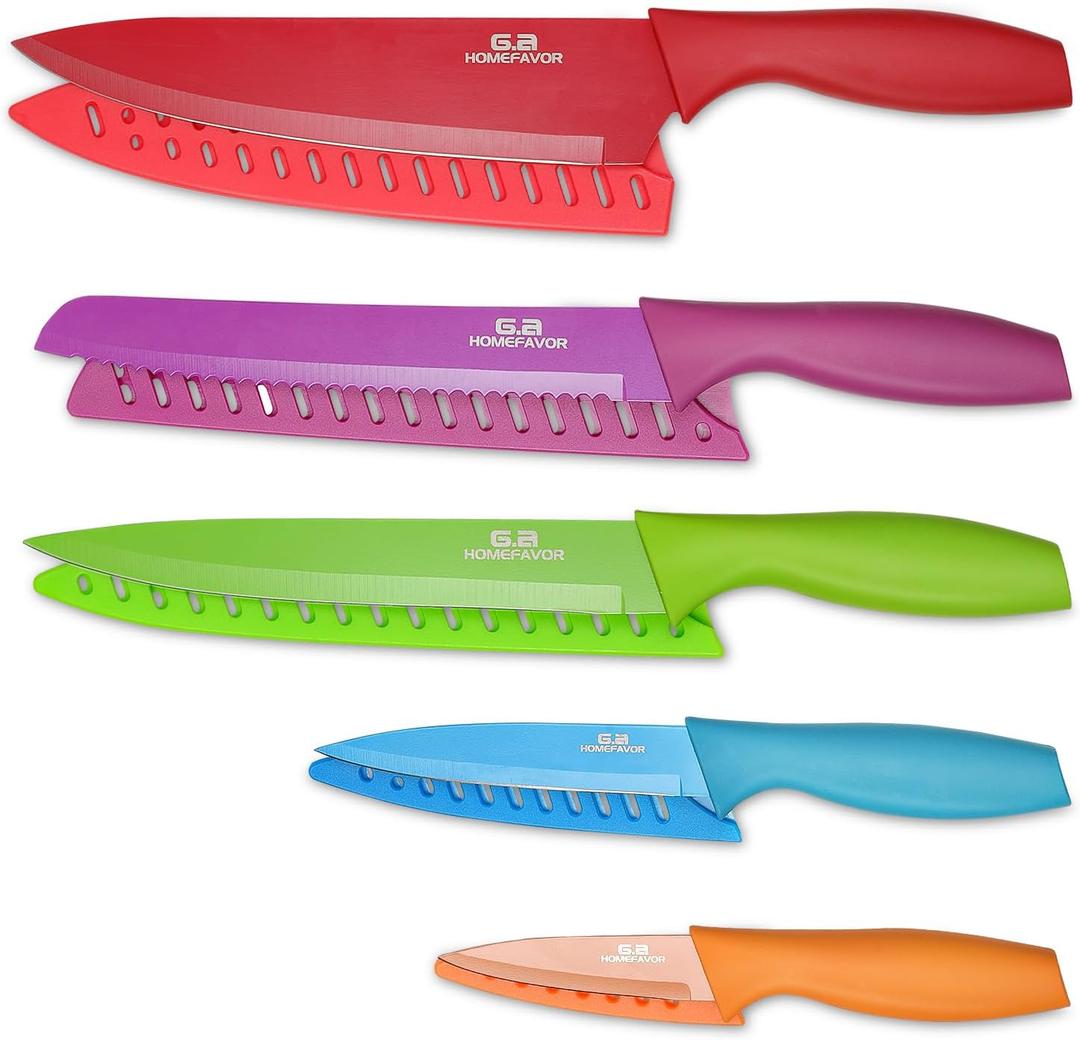 G.a HOMEFAVOR Knife Set, 5-piece Colored Knife Set Nonstick Coated with 5 Knife Sheath Covers
