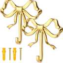 2 Pcs Large Size Gold Bow Hooks for Wall, 4.74 x 3.54 Inch Bow Knot Brass Coat Hooks Wall Door Decor Holder Hat Towel Hook for Living Room Bathroom Bedroom Kitchen Decorations