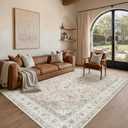8x10 Neutral Washable Vintage Area Rug for Living Room Bedroom Beige Brown Soft Non Slip Large Throw Rug Lightweight Floral Low Pile Distressed Carpet Office Playroom Home Decor