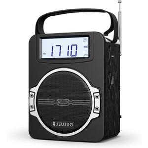JEUJUG Radio Portable AM FM Digital Radios Clock Radio with Bluetooth 5 Watts Loud Speaker Rechargeable AM FM Radios Plug in Wall Battery Operated Best Reception for Home Outdoor Great Gift Black
