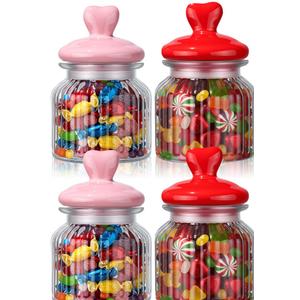 4 Pcs Valentine's Day Glass Cookie Candy Jar with Heart Lids 22 oz Cute Glass Food Storage Containers for Food Storage Kitchen Home Counter Decor (Red,Pink and white)