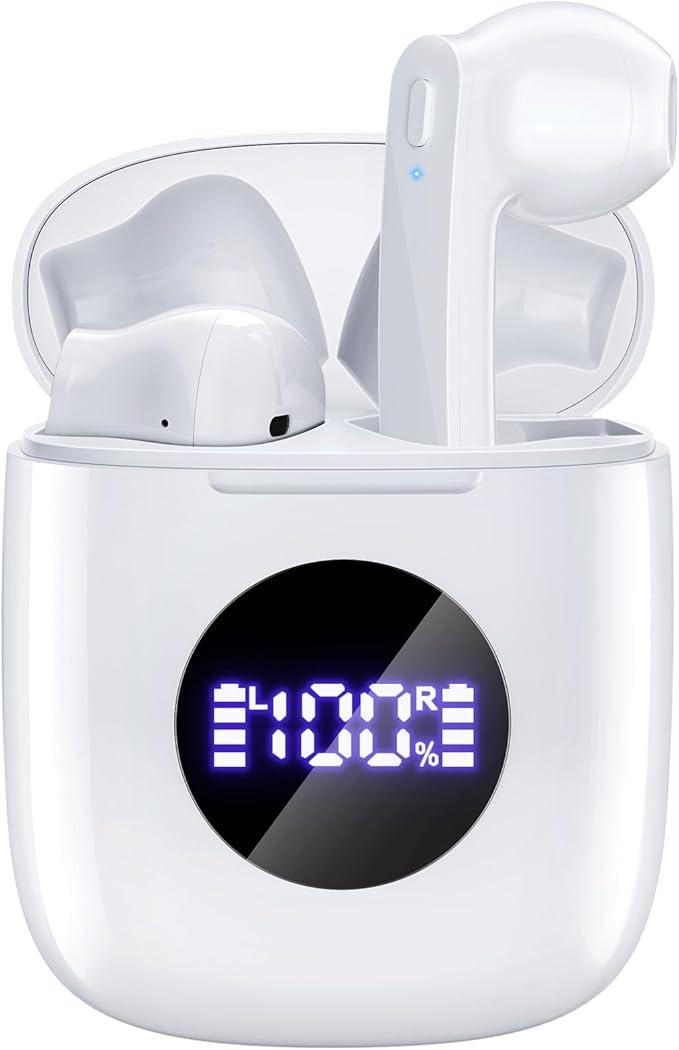 Bluetooth Headphones V5.3 Wireless Earbuds 50 Hrs Battery Life with Wireless Charging Case & LED Power Display Deep Bass IPX7 Waterproof Earphones Microphone Stereo Headset for iPhone & Android, White