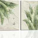 KBCXOY Tropical palm tree Wall Art Set of 2 Green Leaf Canvas Prints Minimalist Botanical Pictures Neutral Beige Poster Wall Decor for Living Room, Bathroom or Office 12x16Inches Ready to Hang
