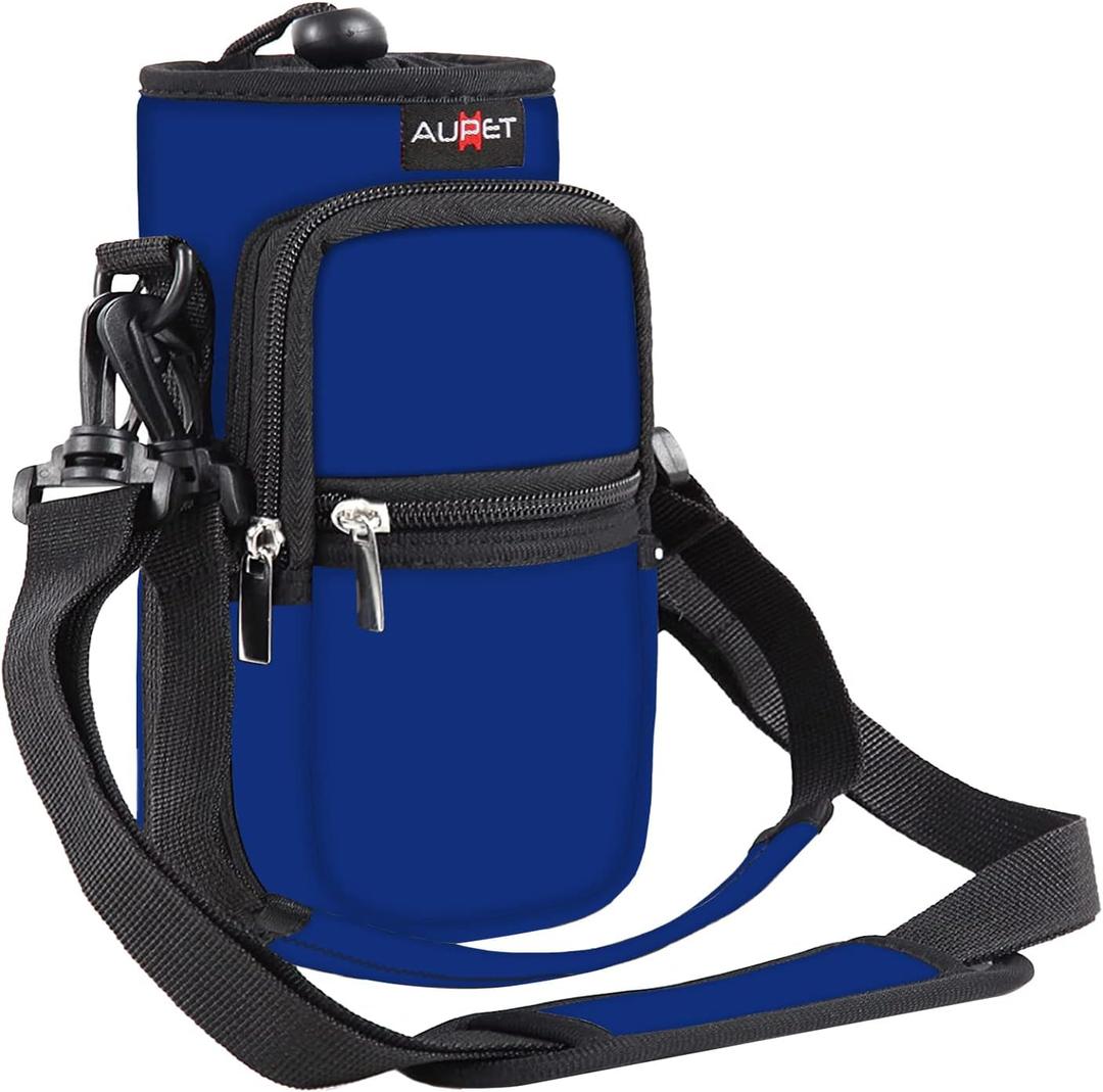 AUPET Water Bottle Sling Bag Sleeve Holder Carrier 25/32/40/64 oz,Insulated Crossbody Water Bottle Case Cover with Strap and Pockets for Men/Women Walking Hiking (dark blue)
