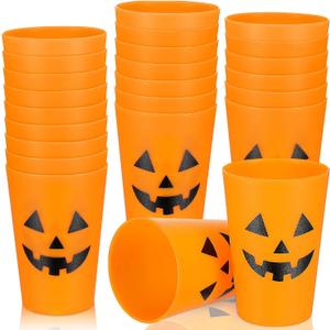 24 Pieces Halloween Plastic Party Cups Pumpkin Design Cup Jack O Lantern for Adults Kids 8 oz Orange Reusable Supplies Tableware