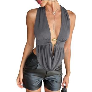 SOLY HUX Women's Sexy Deep V Neck Backless Halter Tops Sleeveless Slim Fitted Vest Party Clubwear Solid Grey Small