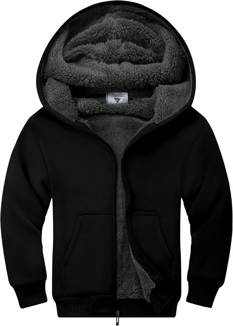 ZITY Boys Zip Up Hoodie Fleece Jacket Kids Sherpa Lined Sweatshirts Outerwear Unisex Warm Winter Coat 6-15 Years Old (Black)