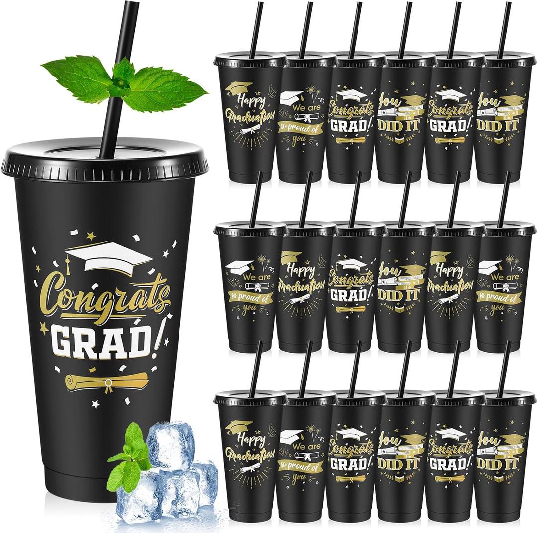 24 Pcs Graduation Cups Class of 2025 Gifts 24 oz Reusable Plastic Tumbler Bulk with Lids and Straws for Graduation Party Favors Decorations(Black)