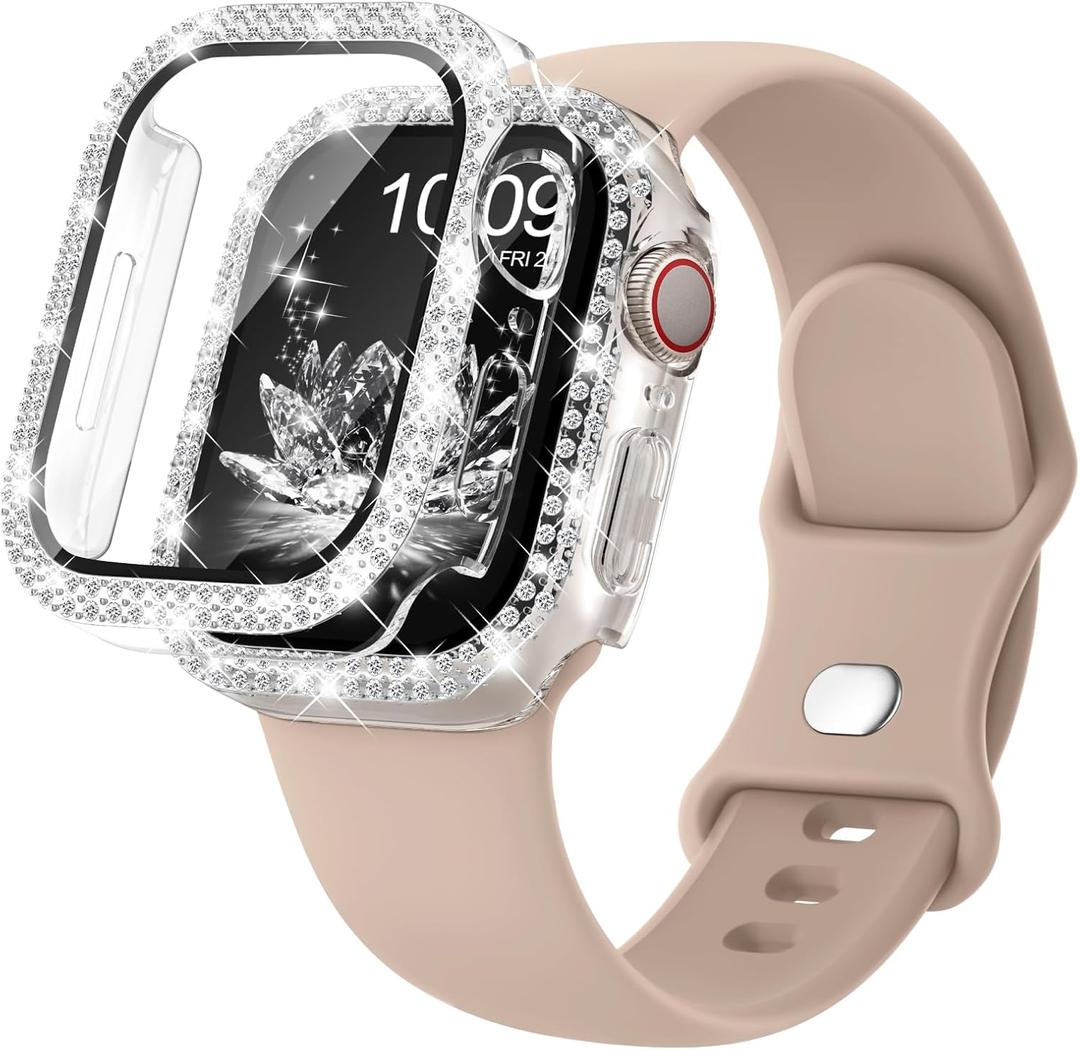 Compatible for Apple Watch Bands 41mm  with Screen Protector Case Women, Silicone Strap Bling Diamond Protective Cover Tempered Glass for iWatch Series 10 9 8 7 6 5 4 3 11 SE (MilkTea)