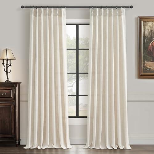 Pinch Pleated Semi Sheer 100 Inch Curtains, Pretty Neutral Cream Ivory Flax Linen Decorative Light Filtering Curtains & Drapes with Hooks Rings 2 Panels for Living Room Bedroom Birch 40"Wx100"L Inches