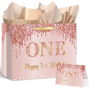 Yoirrat Rose Gold One 1st Birthday Gift Bag for Baby Girls Large Pink Happy 1st Birthday Gift Bag with Wrapping Paper and Card for One Year Old Bday Decorations Baby Shower Party Supplies