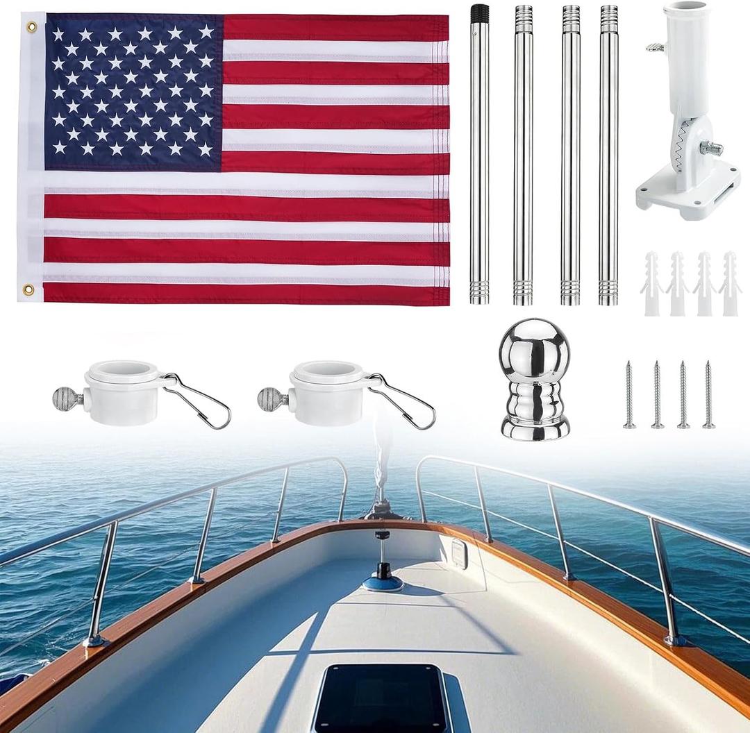 American flag with Pole, Flag poles Kit Embroidered USA Flag | 3x5 Ft | Includes 5 FT Heavy Duty Tangle Free Flagpole & Adjustable 180 Bracket for Indoor/Outdoor