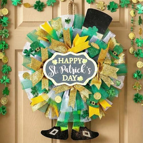 Hoteam St Patrick's Day Wreath for Front Door 19.6 Inch Green Clover Leprechaun Hat Decor with Shamrocks Saint Patrick's Day Decorations for Indoor Outdoor Porch Irish Party