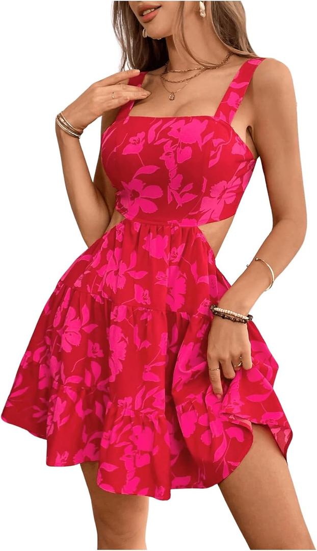MakeMeChic Women's Floral Summer Dress Cut Out Sleeveless High Waisted Ruffle Mini Short Beach Dress (Hot Pink), L