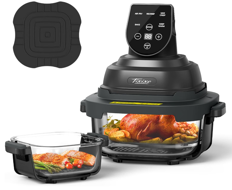 5-in-1 Glass Air Fryer for Zero-Oil Healthy Cooking, Space-Saving 1500W Countertop Cooker with 4QT 6-Cup Glass Bowl, Non-ToxicSafe & Dishwasher Friendly for Small & Large Family Meals