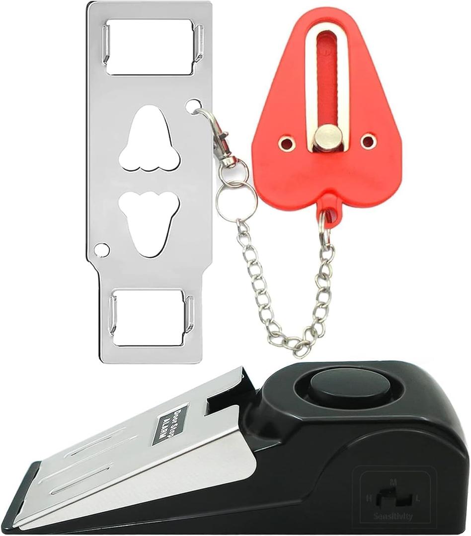 Portable Door Lock & Door Stop Alarm Set, Dual Protection Home Security Door Kit, Travel Hotel Lock Devices Pocket Self Defense Tools for Traveling Hotel Home Apartment, Red