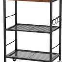 3-Tier Metal Storage Rack with Industrial Wheels,Mesh Shelving Unit with Wooden Table top,Adjustable Shelf,16.9-Inch Width,for Kitchen,Laundry,Pantry,Plant,Black