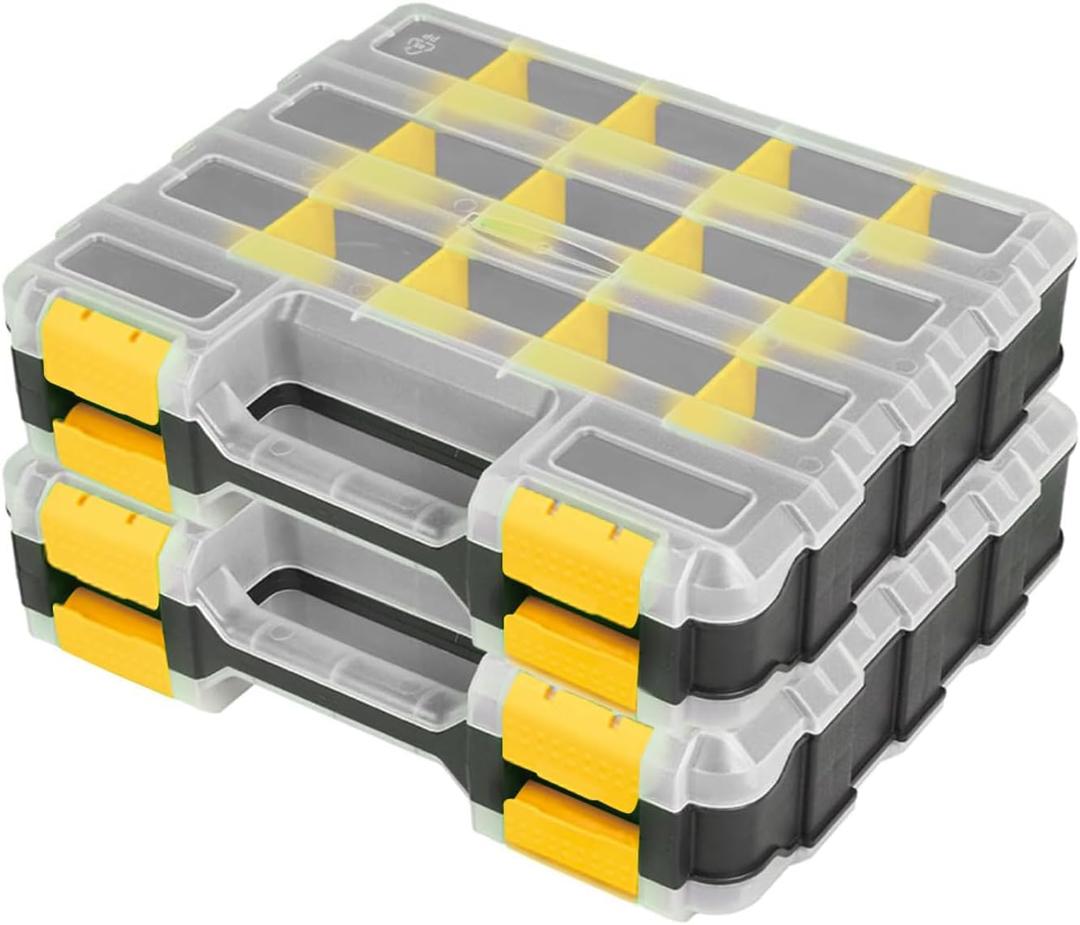 Tools Box Organizer Double Side 34 Compartments Hardware Organizers with Removable Plastic Dividers for Screws Nuts Nails (2 Pack, Yellow)
