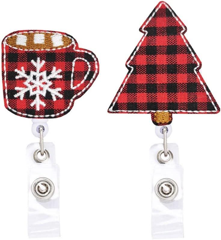 Buffalo Plaid Christmas Tree Retractable Badge Reel ID Tag, with Alligator Clip,24in Nylon Cord, Nurse Office Employee Name Badge