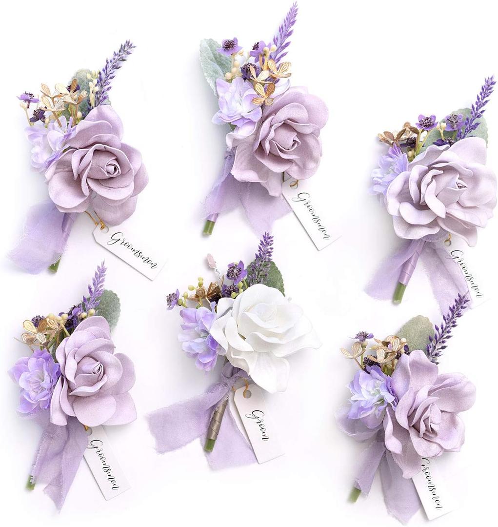 Ling's moment Boutonniere for Men, 6pcs Groom Groomsmen Boutonniere with Built-in Pins, Artificial Flowers for Wedding Decor/Prom/Homecoming, etc.Purple Lilac Lavender