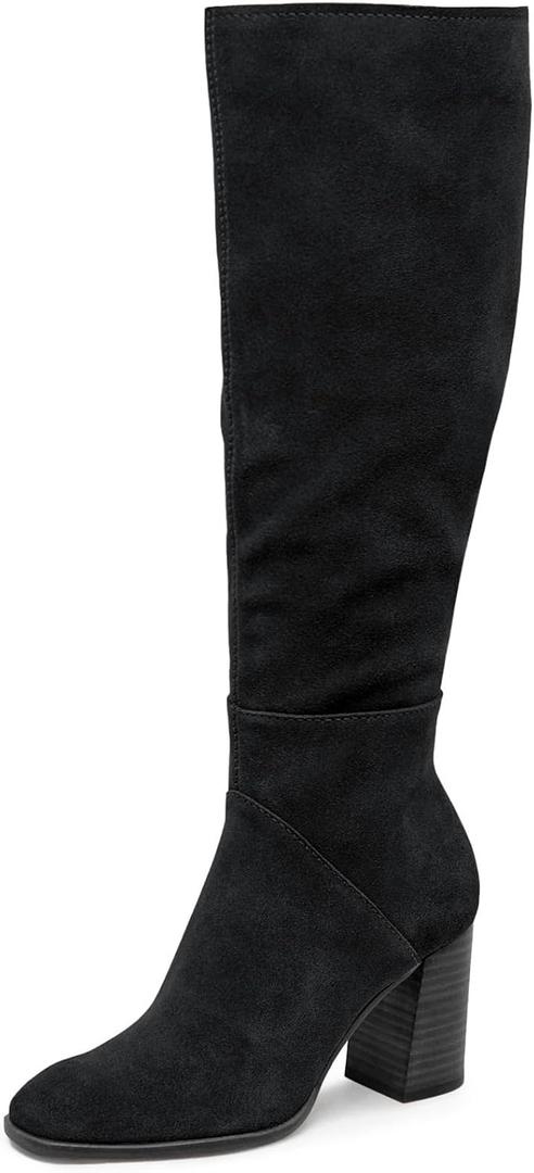 Coutgo Womens Knee High Boots Square Toe Chunky Block Heel Side Zipper Faux Suede Long Boots Fall Winter Shoes (8, Black)