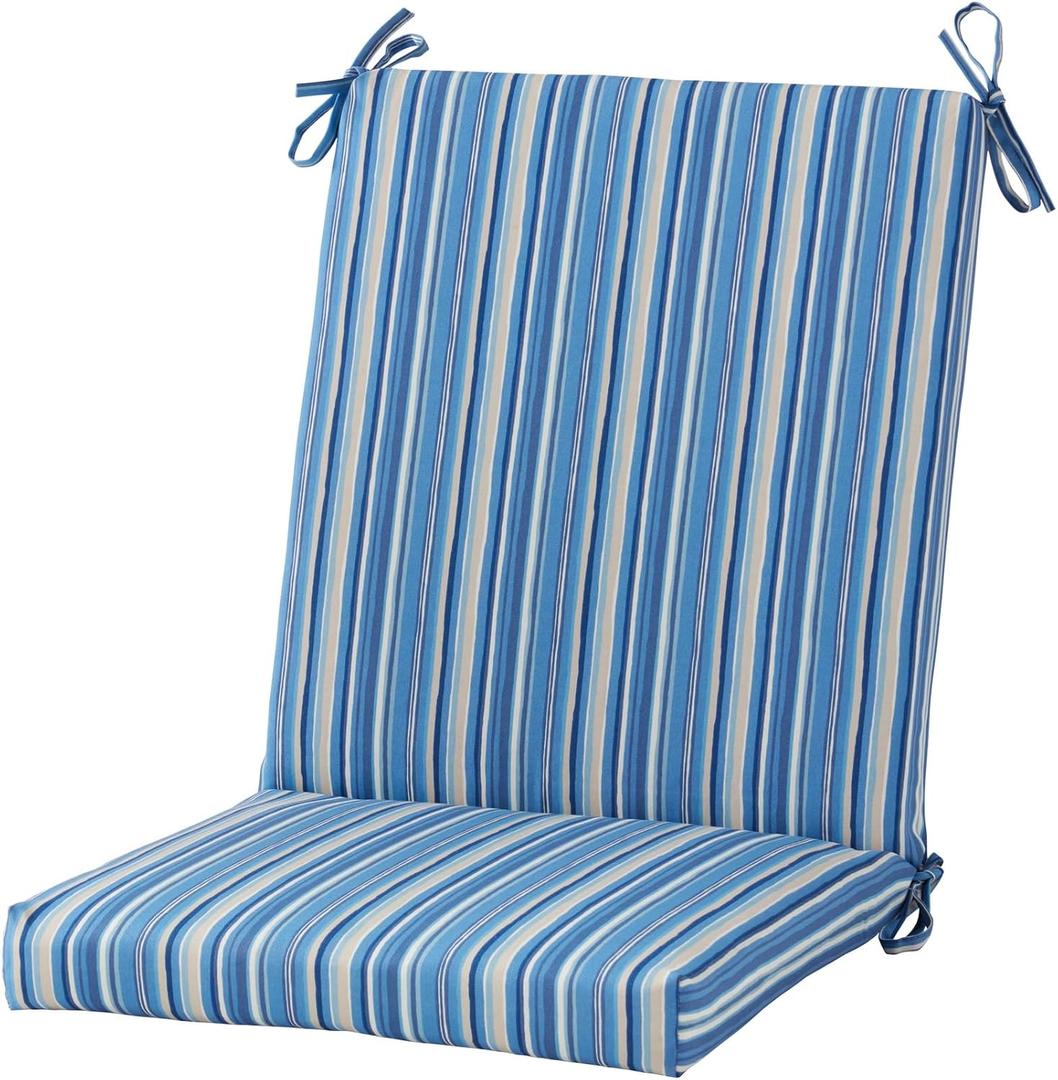 High Back Outdoor Chair Cushion Hinged Patio Chair Pad with Removable Cover, Reversible Cushion with Ties, Durable Polyester Fabric, Eco-Friendly Recycled Polyfiber Fill, Sapphire Stripe, 43x20x3 inches