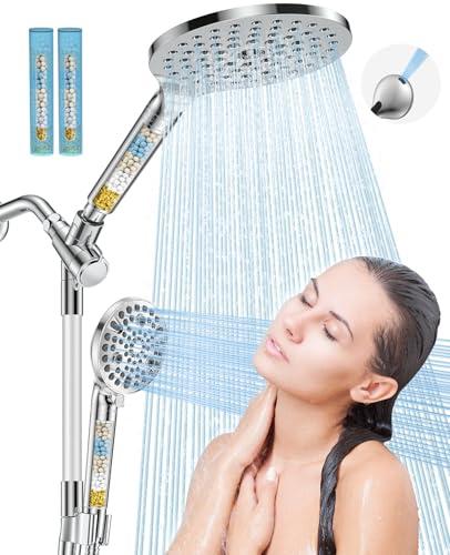 Dual Filtered Handheld Shower Heads Combo, HOPOPRO 15-Mode High Pressure Rainfall Showerheads Combo Set with Filter, for Hard Water, Removes Chlorine, Improves Skin Hair Condition, Modern Chrome
