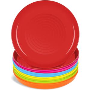 PLASKIDY Kids Plates Set of 12 - Toddler Plastic Dinner Plates - BPA FREE, Microwave & Dishwasher Safe, Brightly Colored 7 Inch
