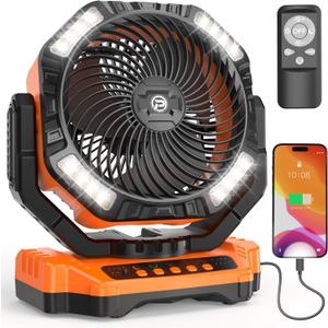 40000mAh Battery Powered Camping Fan - 136H Max Cooling, Rechargeable Battery Operated Oscillating Floor Fan with Charger, Remote & Hook, Portable for Tent Outdoor Patio Garage Hurricane Power Outage