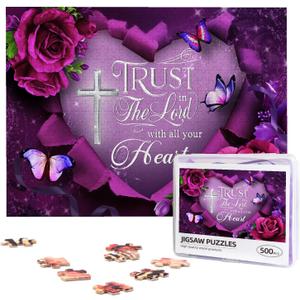 500 Piece Wooden Christian Jigsaw Puzzle for Adults - Inspirational Religious Floral Cross with Trust in The Lord Bible Verse, Faith-Inspired Gift for Christian Women & Men