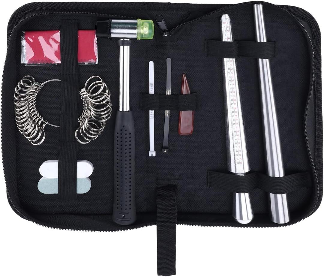 Artilife Jewelry Ring Sizer Tools Including Ring Mandrel Sizer,Rubber Hammer,Metal Stick,Ring Sizer Guage,Ring Sizer Belt,Polishing Cloth,Polishing Stick,Polished Agate for Jewelry Making with Handbag