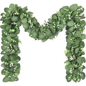 Artflower 8 Pack Artificial Eucalyptus Garland with Flowers, 5.9ft/pcs Faux Silver Dollar Eucalyptus Greenery Garland Vines for Table Wedding Backdrop Arch Wall Party Mantle Festival Decor