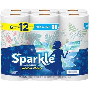 Sparkle Pick-A-Size Paper Towels, Spirited Print Design, 6 Double Rolls (660 Sheets Total) - Strong 2-Ply Towels for Kitchen Cleanup and Everyday Messes, Pack Of 2