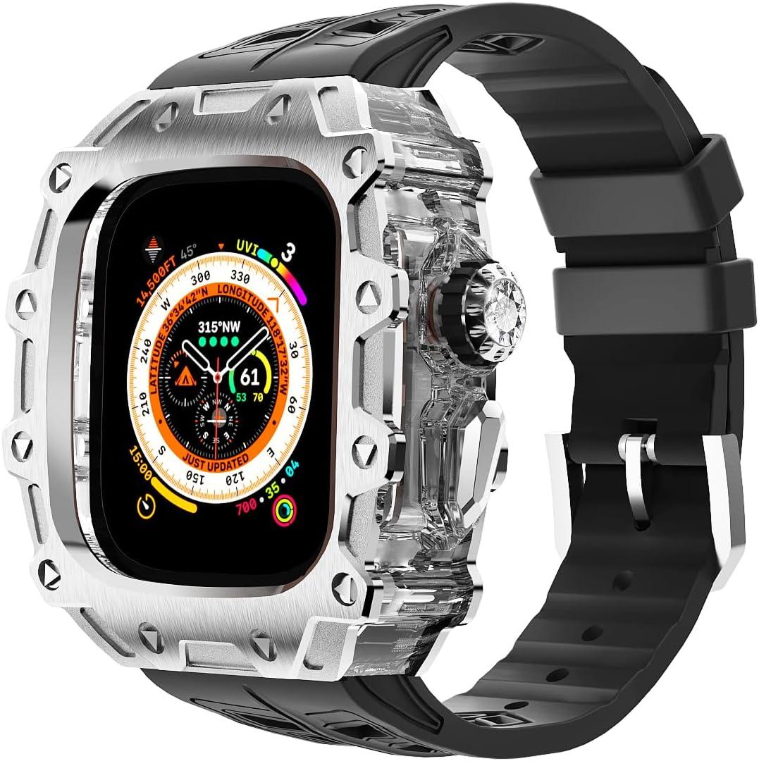 Luxury Metal Case with FKM Band Compatible for Apple Watch Ultra 3/2/1 49mm Titanium, Rugged Military Protective Designer Cover, Heavy Duty Tactical Protection for Men iWatch, Silver
