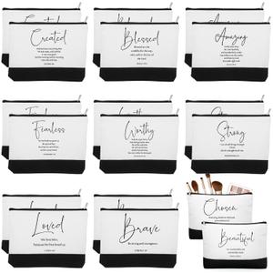 20 Pcs Inspirational Christian Gifts for Women Religious Makeup Bag Canvas Bible Verse Cosmetic Bag with Zipper for Grandma Godmother Church Clergy Appreciation Pastor's Wife(White&black,Bible Words)