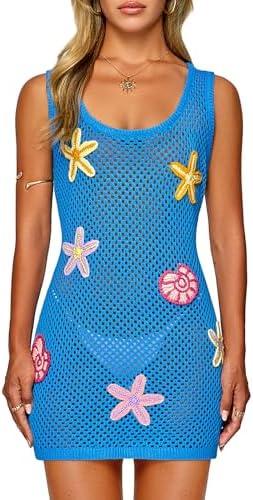 FAIRY SEASON Women's Crochet Beach Cover Up with Hand-Embellished 3D Starfish & Seashells, Sleeveless Dress for Vacation, Medium
