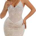 Women's Rhinestone Sequin Party Dress Ruched Full Slip Dress Cocktail Homecoming Clubwear (Medium, 708apricot)