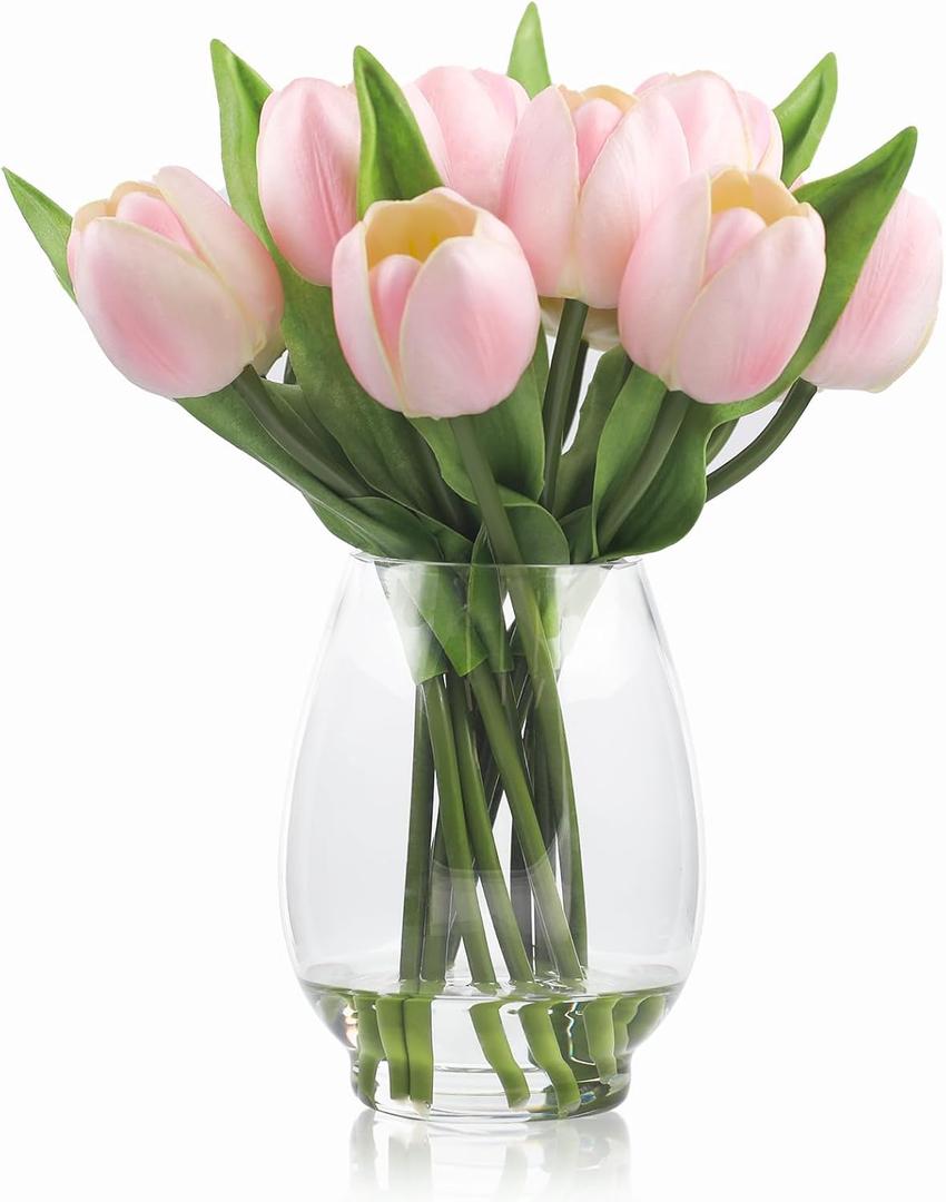 WELL KNOWN 12 Pcs Tulips Artificial Flowers in Vase, Real Touch Tulips with Vase with Upgrate Acrylic Water Flower Arrangements Centerpiece for Dining Room Table DecorationPink