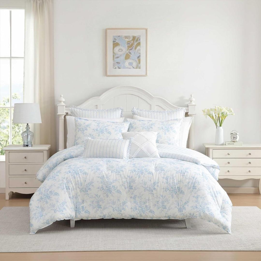 Laura Ashley - Twin Bonus Comforter Set, Soft Reversible Bedding Set, 5 Piece Bed Set with Matching Pillowcases, Euro Shams, & Throw Pillow Covers (Annalise Floral/Dilly Dally Stripe Blue)