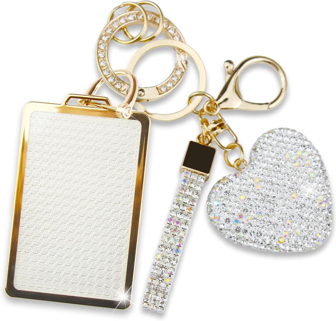Compatible with Tesla Card Key Holder with Diamond Keychain, Compatible with Tesla Model 3 and Model Y Key Protective Cover Keycard Case for Women (Gold-Heart)