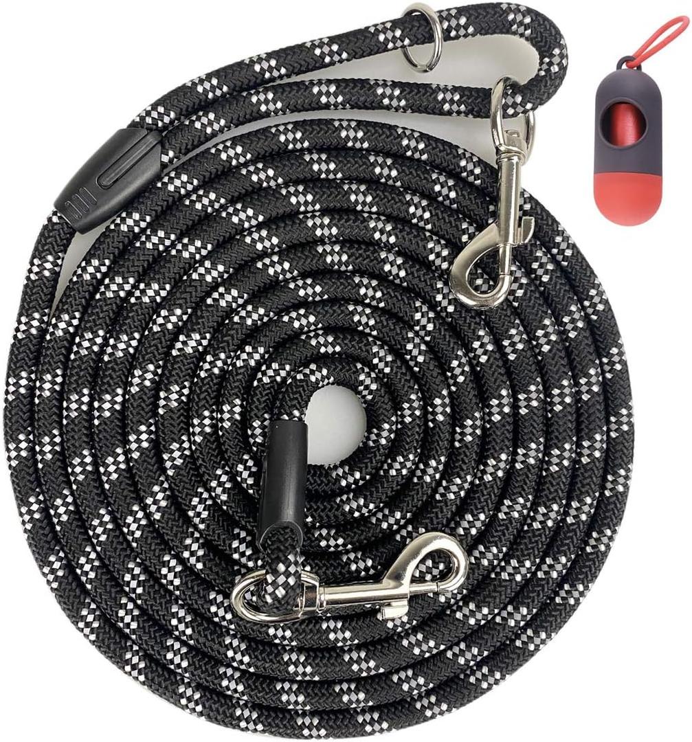 Long Rope Dog Leash for Dog Training 12FT 20FT 30FT 50FT, Reflective Threads Dog Cat Leashes Tie-Out Check Cord Recall Training Agility Lead for Large Medium Small Dogs (Black, 10mm*30ft)