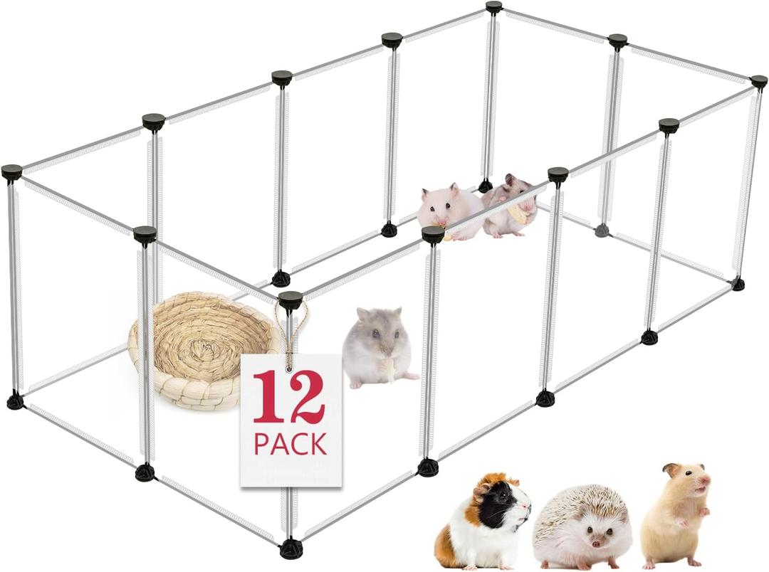 12 Panels Transparent Small Animals Playpen,48" x 24" x 16" Portable Pet Playpen, Plastic Enclosure, Puppy Play Pen for Indoors Outdoor Pet Fence for Guinea Pigs, Bunny, Ferrets, Hamsters, Hedgehogs