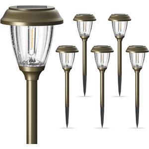 XMCOSY+ Solar Lights Outdoor 10/25 LM LED with 2 Lighting Modes, Solar Garden Lights Glass and Metal, IP65 Waterproof Solar Powered for Yard Pathway Walkway Driveway Patio (6 Pack, Warm White) (Bronze)