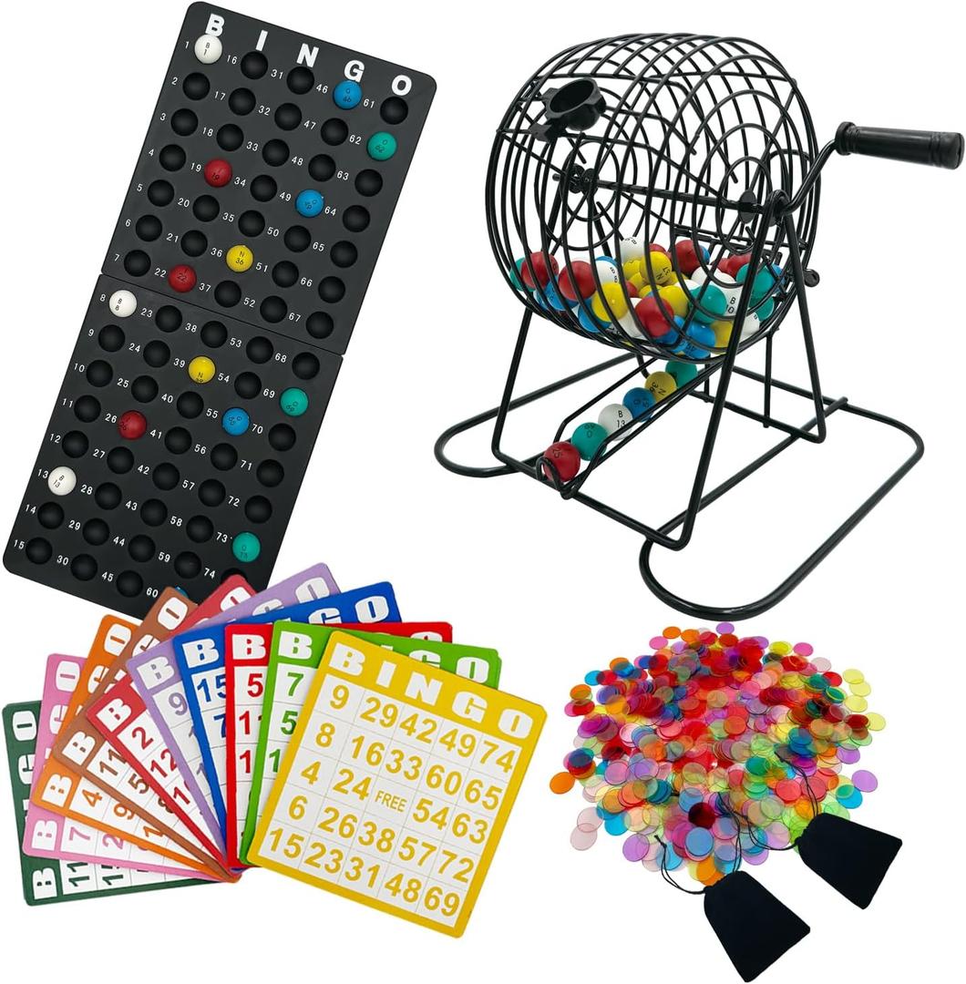 Deluxe Bingo Game Set,Bingo Set Includes Metal Cage,600 Mixed Color Plastic Chips,100 Large Cards,75 Bingo Balls,Plastic Masterboard, 2 Velvet Bag,Great for Adults Large Group and Parties