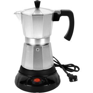 Silver Aluminum Electric Moka Pot, 3 or 6 Cups Espresso Maker with Dose Reduction Plate