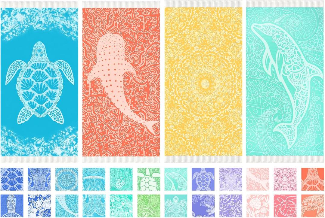 Thin Turkish Beach Towel Lightweight Soft Cotton Extra Large XL Oversized Sand Free Sandproof Absorbent Quick Dry Towels Cloud Bath Pool Travel Compact Essentials Accessories for Adult Gifts (XL(79x36 IN,200x90 CM), 4 Pack Askyblue Turtle Dolphin Go)